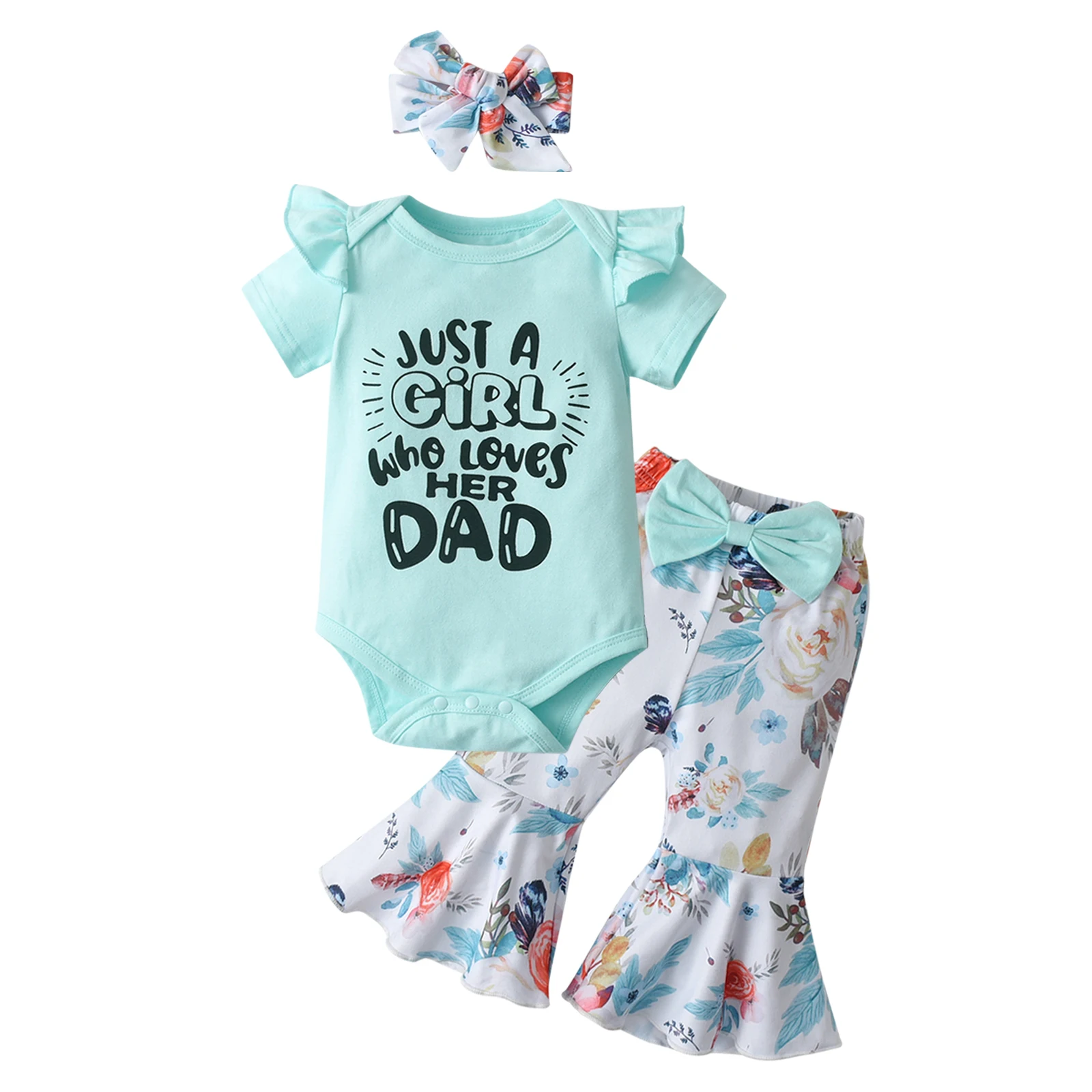 Newborn Baby Girl Fashion Clothes Set Letter Printed Thin Cotton Short Sleeve Romper Top + Floral Flared Long Pants + Headband