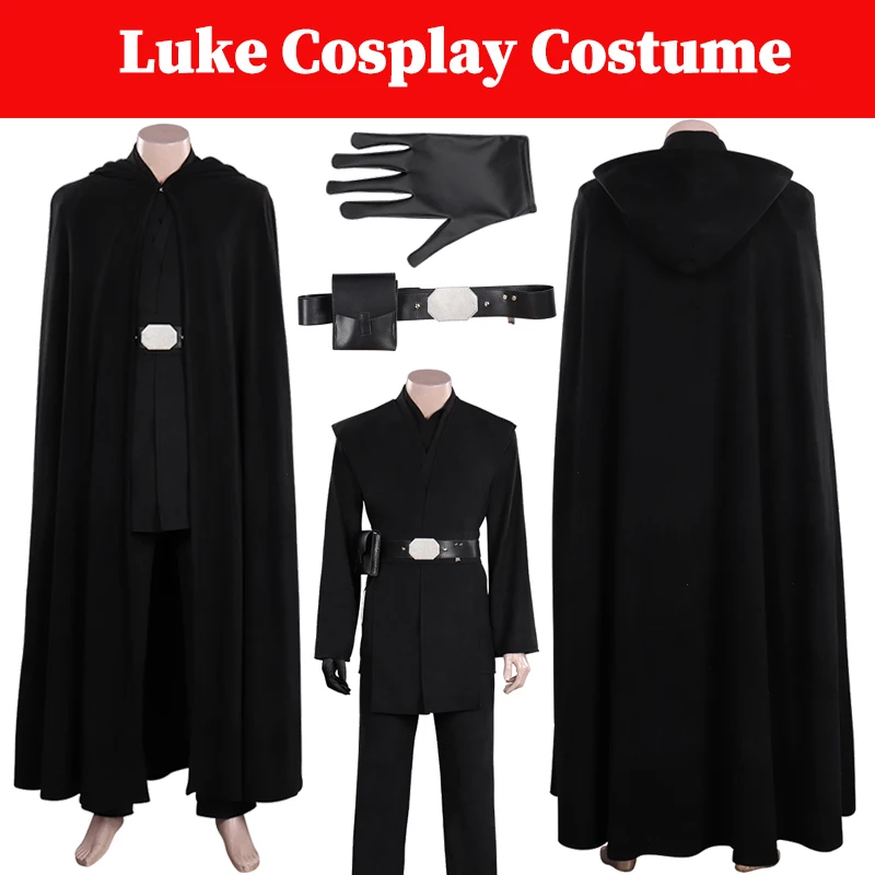 Luke Cosplay Knight Costume Movie Space Battle Roelpaly Black Outfits Men Disguise Cloak Glove Waistbag Full Set Halloween Suit