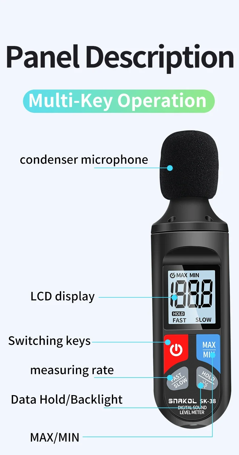 SNAKOL SK-38 Digitales Schallpegelmessgerät MAX/MIN Datenhaltefunktion Lärmmessgerät 30-130dB Dezibelmessgerät mit LCD-Anzeige für Werkstätten – Detail 4