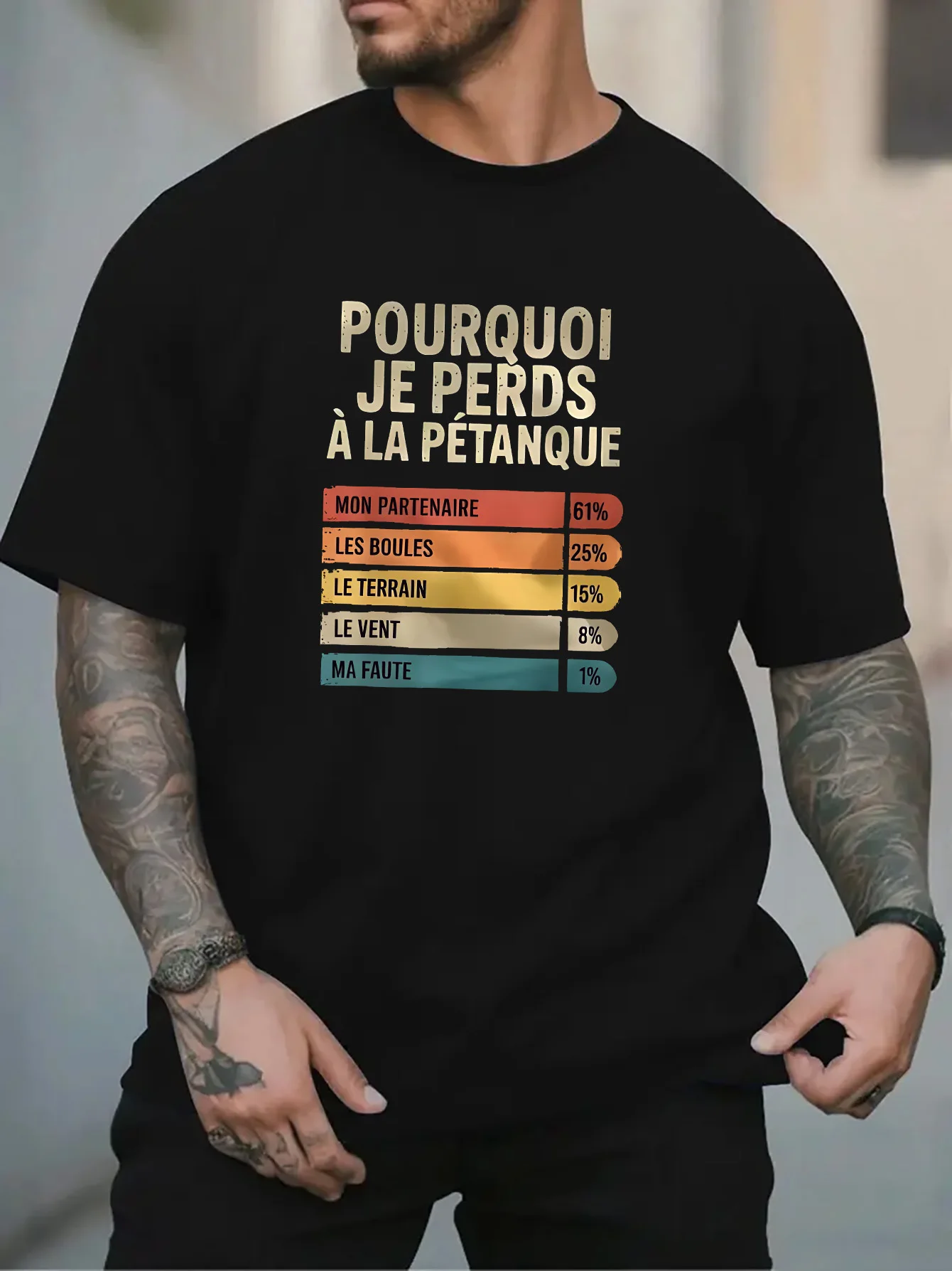 Men Black Crew Neck Tee Funny French Petanque Losing Reason Bar Chart Slogan Retro Vintage Font Bocce Game Lover Cotton Tops