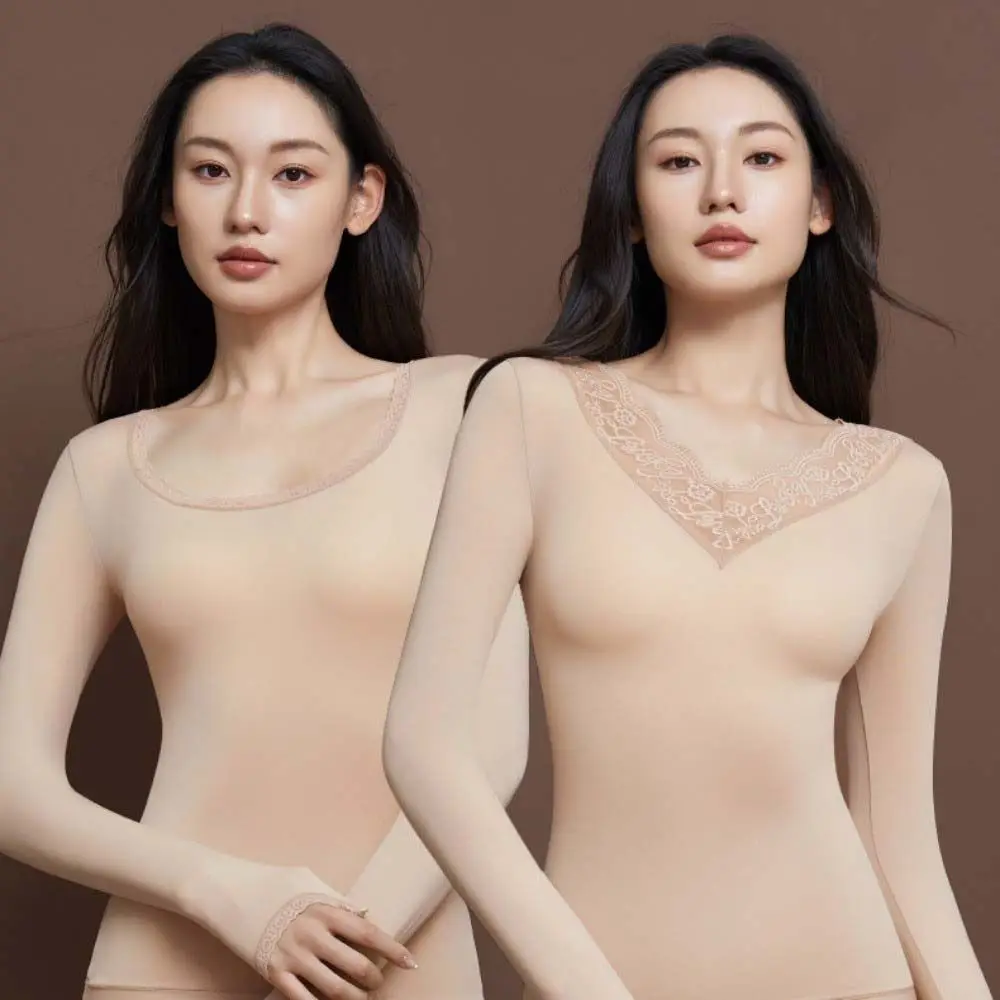 Tops and Pants Women Thermal Clothes Ultra-thin Invisible Lace V Neck Thermal Underwear Double-sided Lingerie Warmth Long Pants