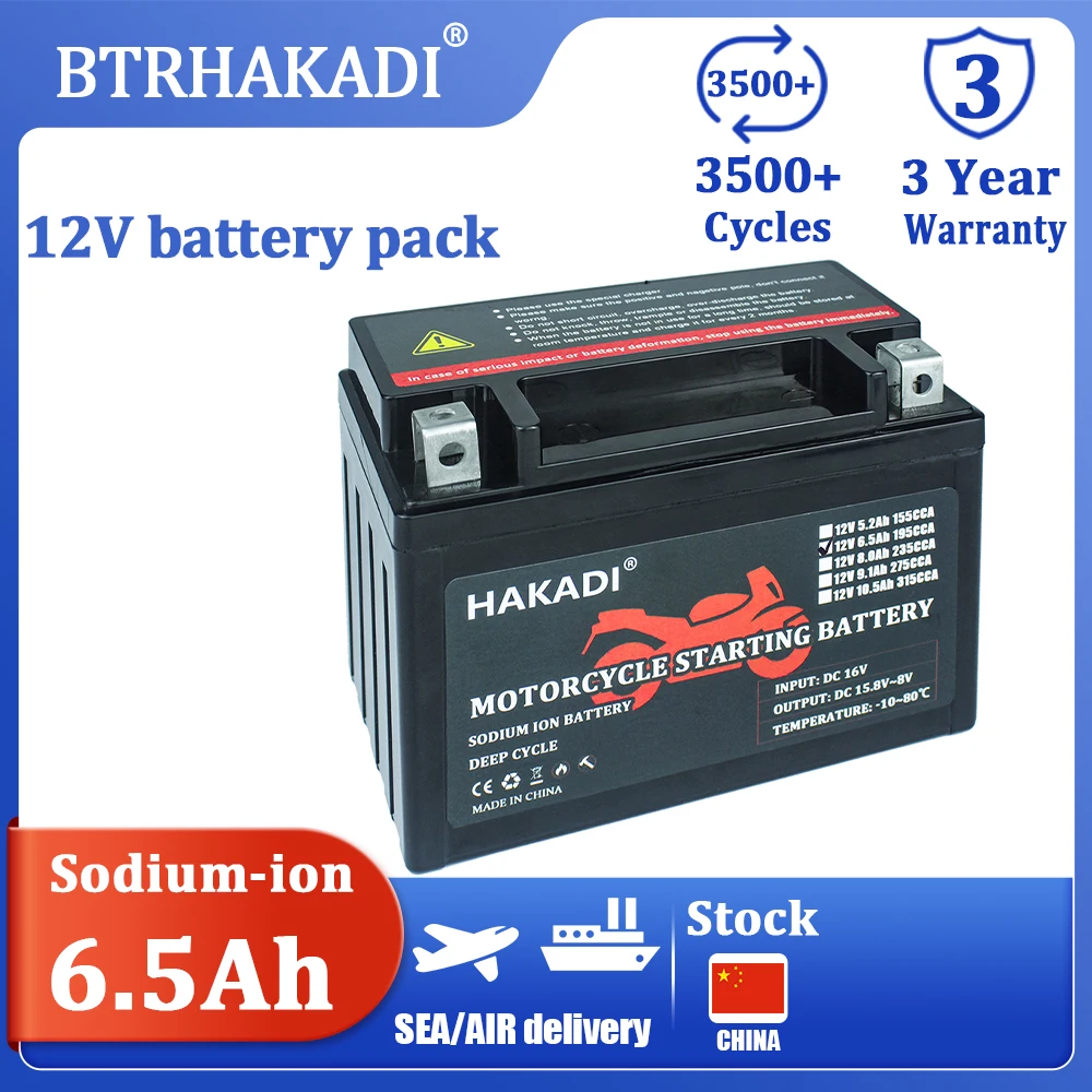 

HAKADI 12V 6.5Ah Перезаряжаемый натрия-ионный аккумулятор Стартер мотоцикла 195CCA с балансиром для скутера Ebike