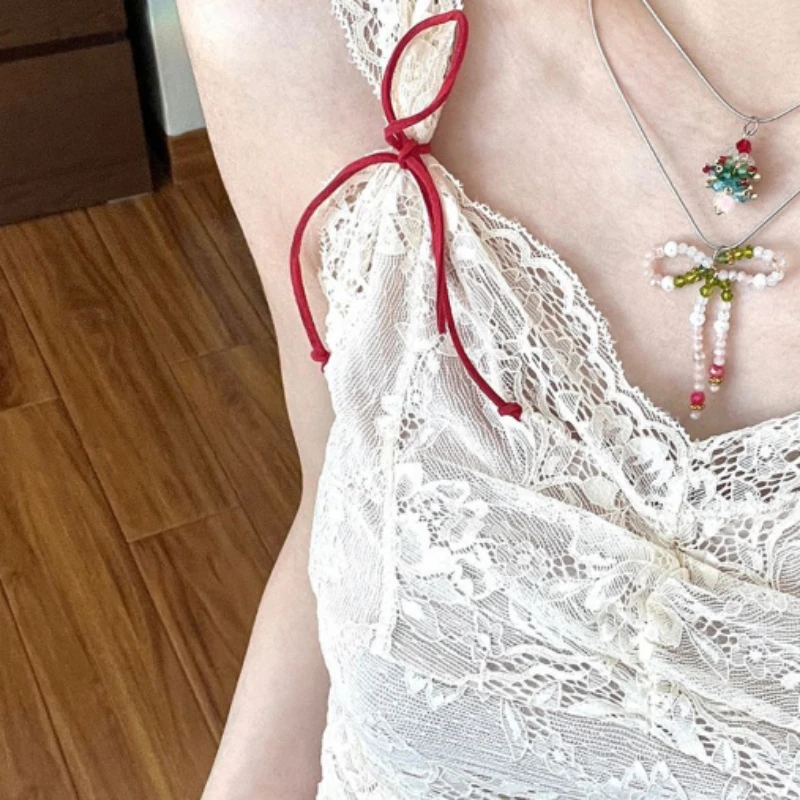 ملابس علوية قصيرة مثيرة من الدانتيل لعام 2025 موضة جديدة كورية صيفية كاميس تونك شرابة بدون ظهر Y2k سترة على شكل فيونكة ملابس نسائية #5