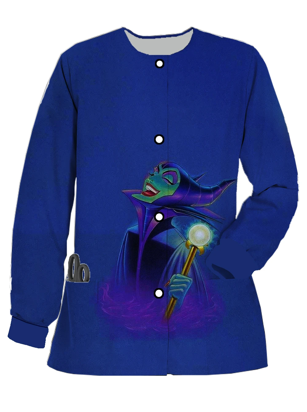 Nueva chaqueta esmerilada de manga larga con doble bolsillo para mujer de otoño e invierno, uniforme de enfermera con bolsillo con estampado de Maléfica de Disney