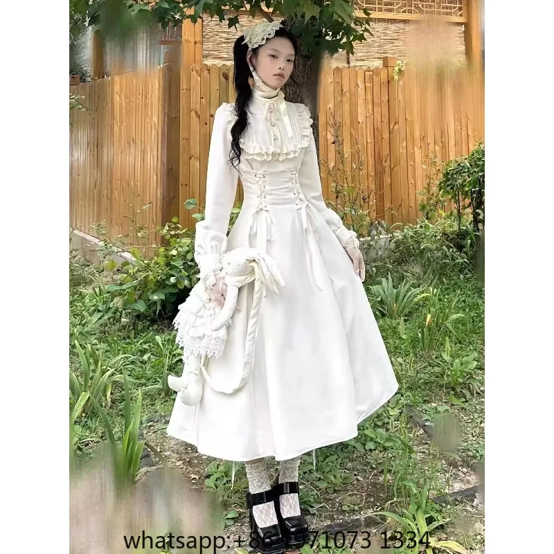 Daily Light Lo White Lolita Dress Autumn Retro Court Style Waist-Cinching Studying Abroad Skirt Princess Ball Gown Long Sleeve