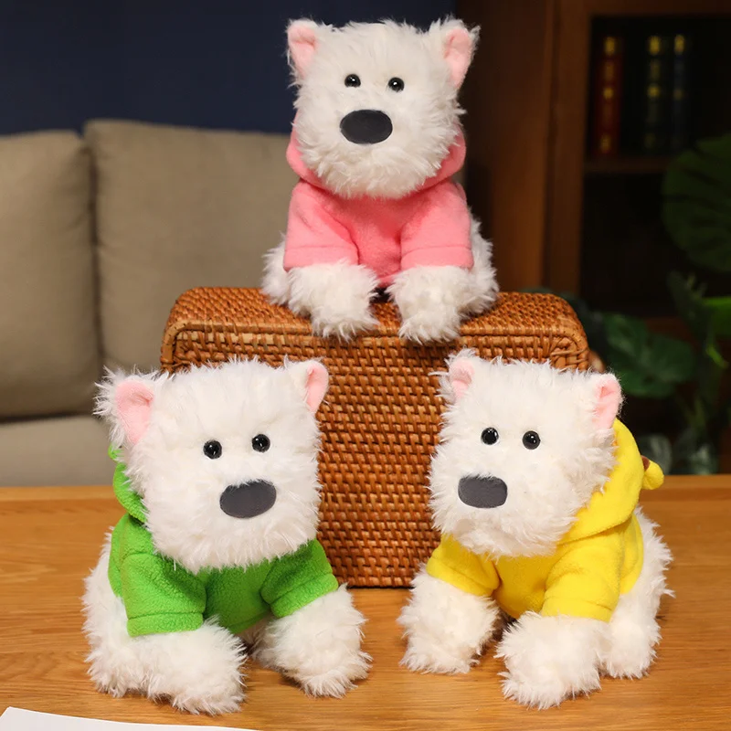 Lifelike Plush West Highland Dog White Terrier Toy Fluffy Real-life Stuffed Animals Dog with Clothes Kids Toy Birthday Gift