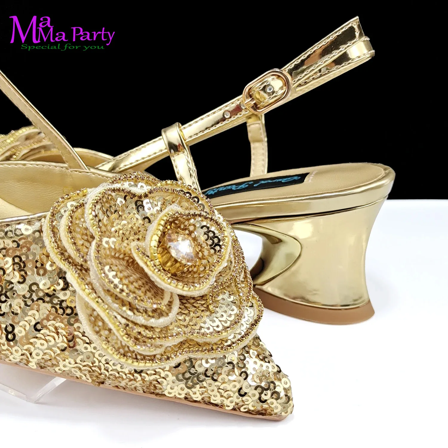 2024 Summer New Design Specials Italian Women Shoes and Bag Set in Gold Color Comfortable Heels with Appliques for Party