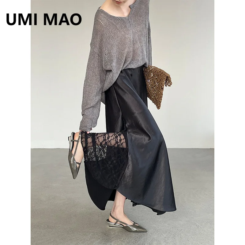 UMI MAO Elegant Goddess Style Satin Lace Skirt Women Large Hem Flowing Versatile Skirt Femme