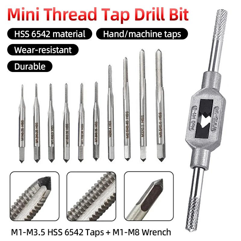 Metric Tap HSS 6542 Mini Thread Tap Drill Bit M1-M3.5 Straight Flute Machine Screw Tap Adjustable Tap Wrench M1-M8 Tapping Tool