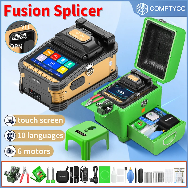 COMPTYCO 6 Motor S-90 Fully Automatic Fiber Fusion Splicer 10 Languages Touch Screen Fiber Optic Fusion Machine Built-in VFL OPM