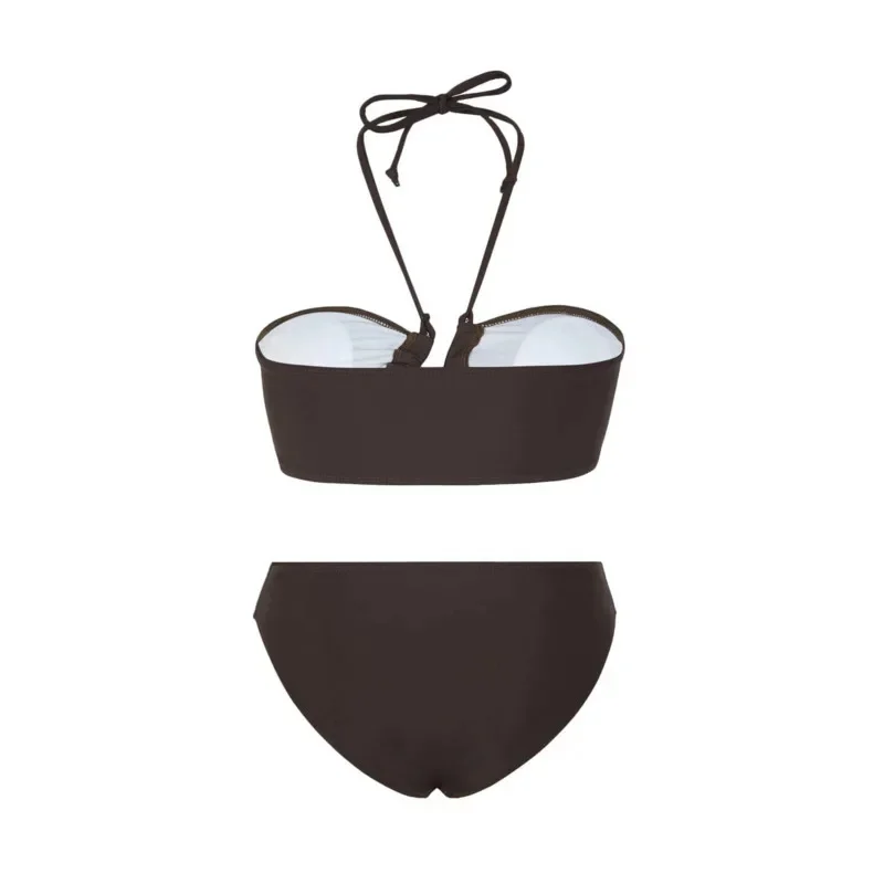 Summer Solid Color 3Piece Bikini Set Stylish Women's Strappy Bandeau Swimsuit Metallic-Button Cover-Up Maxi Skirt Beach Swimsuit