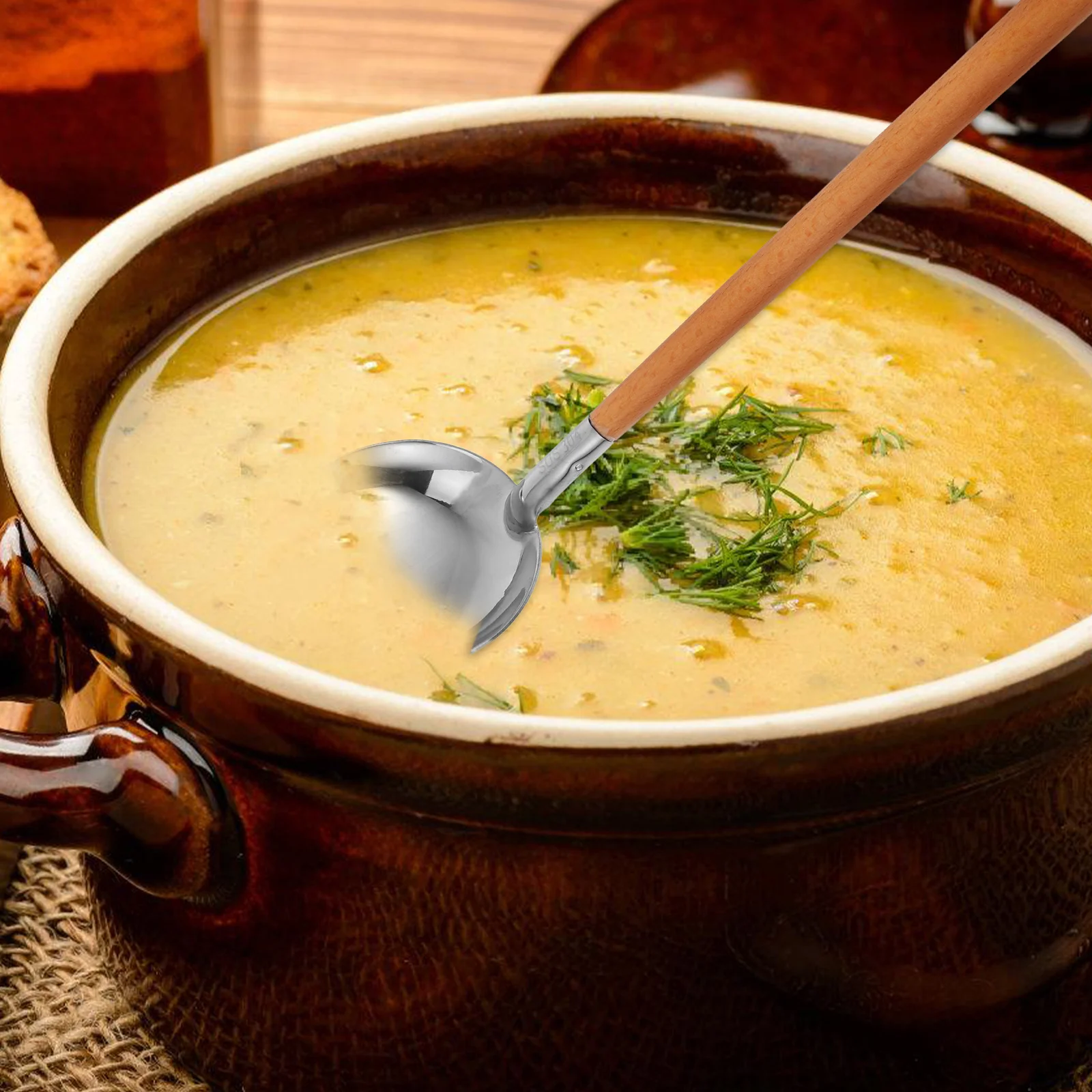 

Stainless Steel Soup Heavy Duty Metal Serving Long Handle Wooden Grip Sauces Mixing Scoop Chef Cooking Utensil Light Brown