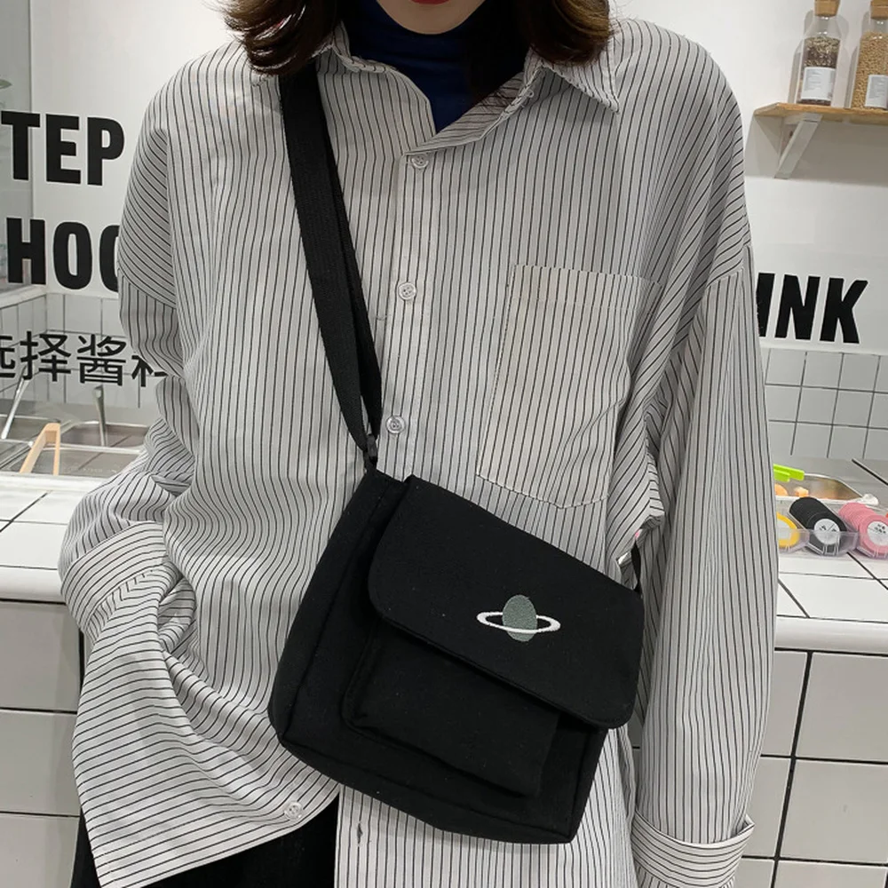 Simple Canvas Messenger Bags Fashion Girls Embroidery Planet Small Square Shoulder Crossbody Bag Retro Female Daily Phone Purse