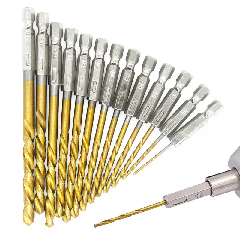 HSS aço de alta velocidade titânio revestido Broca Set, Hexagonal Handle Twist Drill, 1/4 Hex Shank, 1.5mm-6.5mm, 3 5 13Pcs