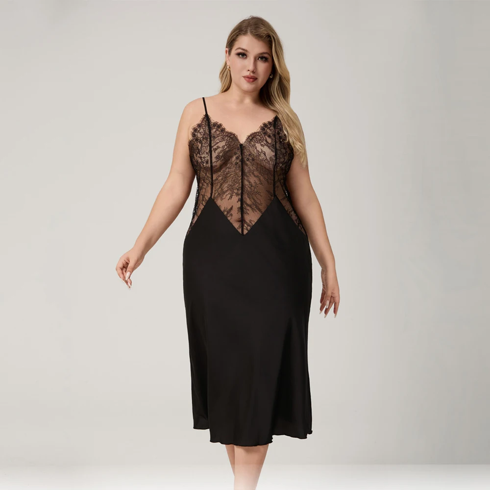 

Большая размерная сексуальная кружевная ночная сорочка на бретельках, женская летняя сексуальная ночнушка, длинная домашняя одежда, черная ночная рубашка