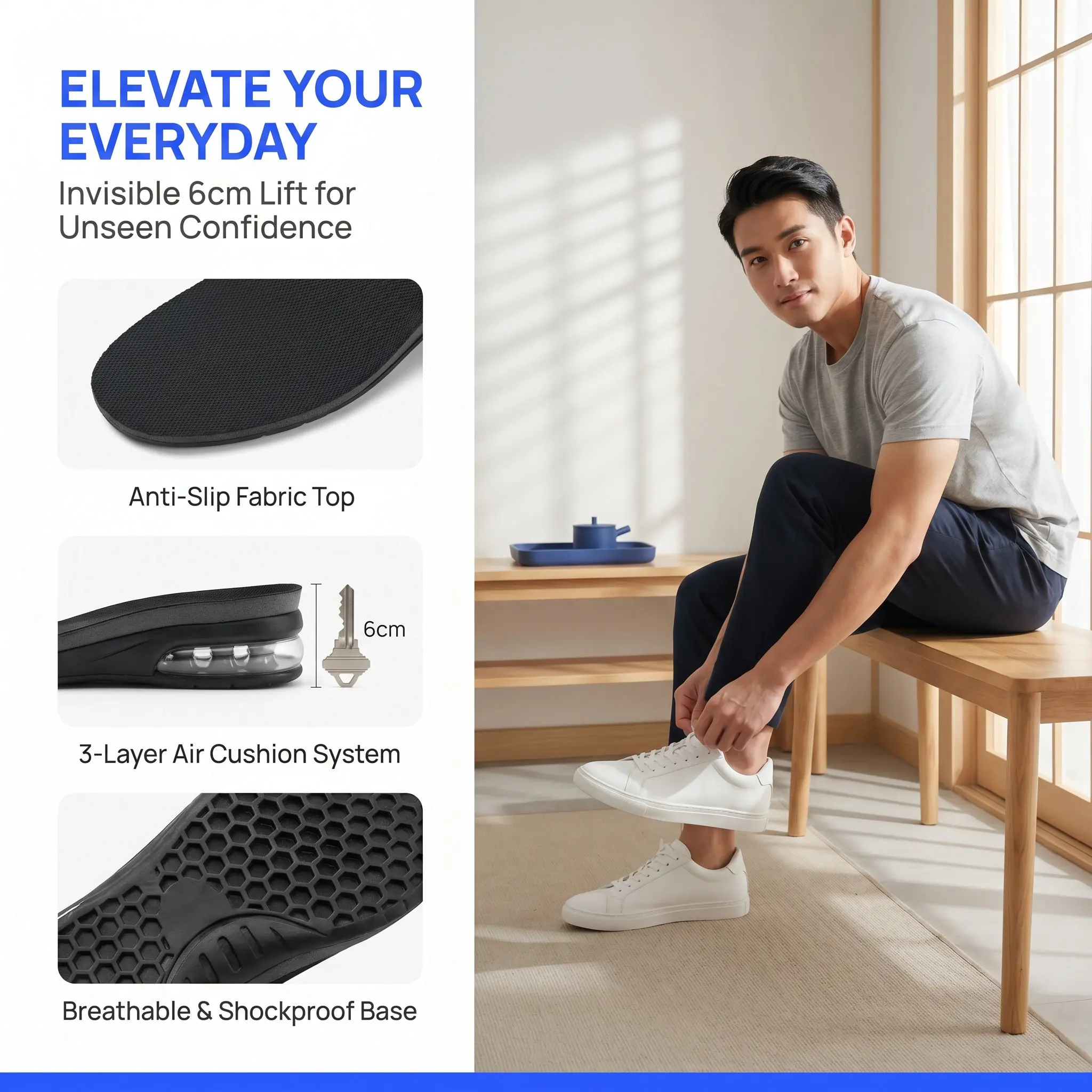 1Pair Height Increase Insoles 6Cm 3 Layers Invisible Shoe Lifts Sandal Inserts Non Slip Breathable Heel Lift Inserts for Men
