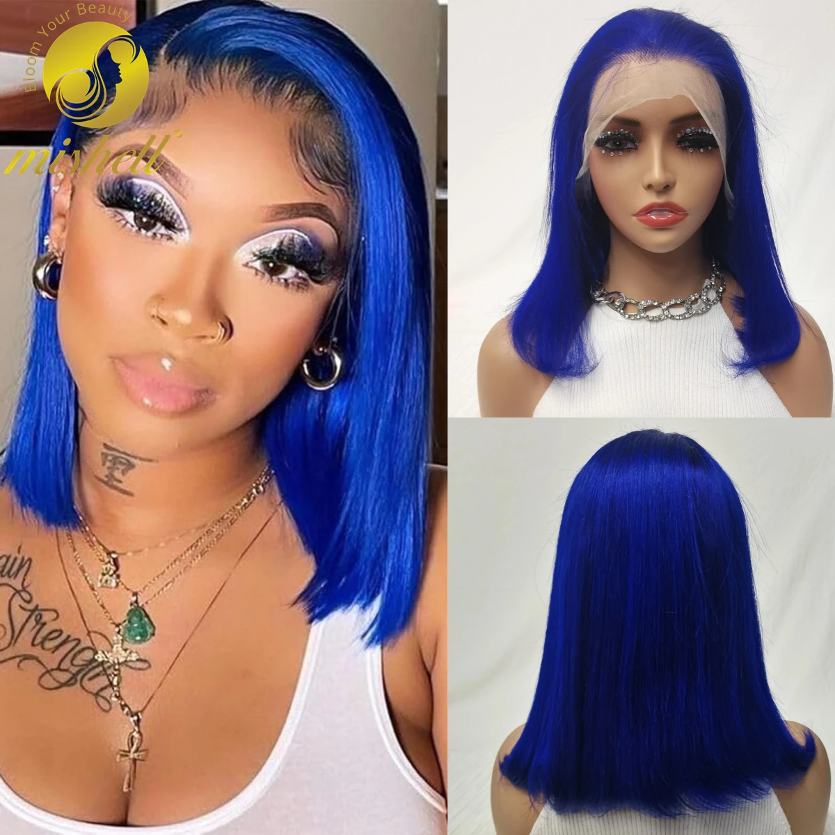 

200% Density Straight Dark Blue Bob Wig Human Hair 13x4 Transparent Lace Front Wigs Pre Plucked with Baby Hair for Black Women