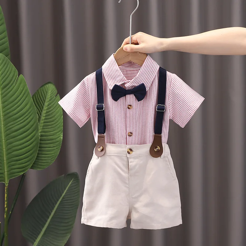 

2024 Toddler Summer Outfits for Baby Boy Clothes 1 To 2 Years Vertical Striped Bow Tie Turn-down Collar Shirts Overalls Kids Set