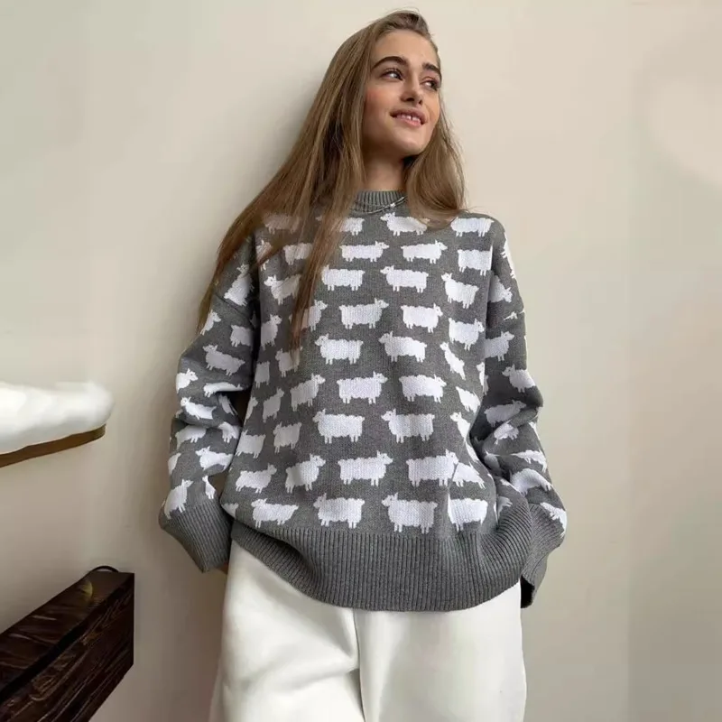 Soft Solid Color Pullover Women Long Sleeve Chic O-neck Alpaca Print Basic Elegant Casual Knitted Sweater New