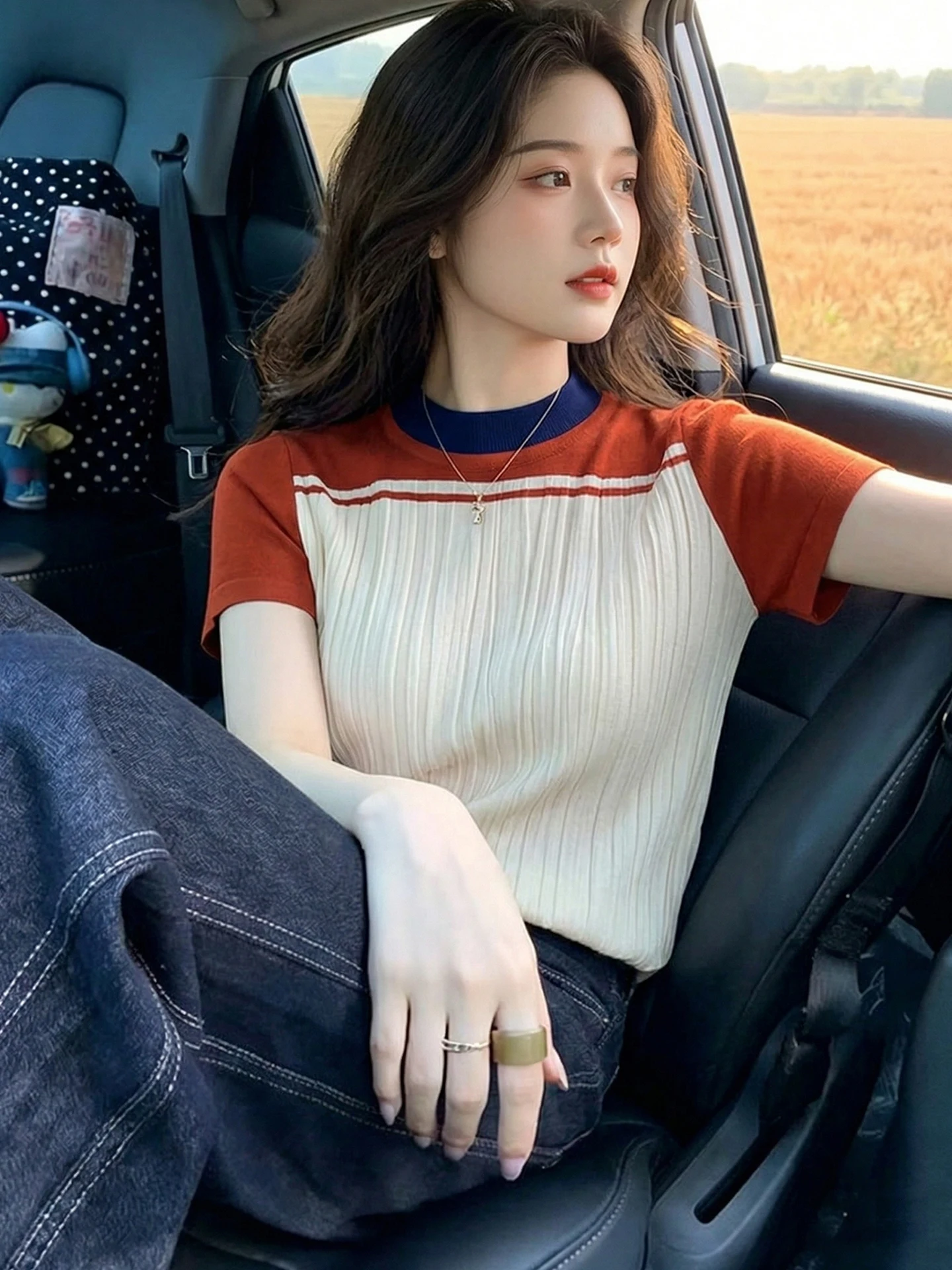 

Fashionable Unique Color Block Short Sleeve T Shirt Women's Summer Slim Fit Korean Style Commute Style Straight Cut Top