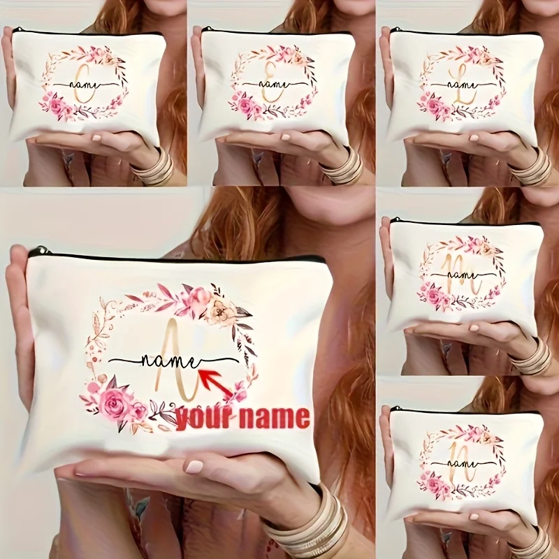 Personalized Custom Name Floral Wreath Initial Makeup Bag Monogram Cosmetic Pouch Travel Storage Bag Bridesmaid Women Gift