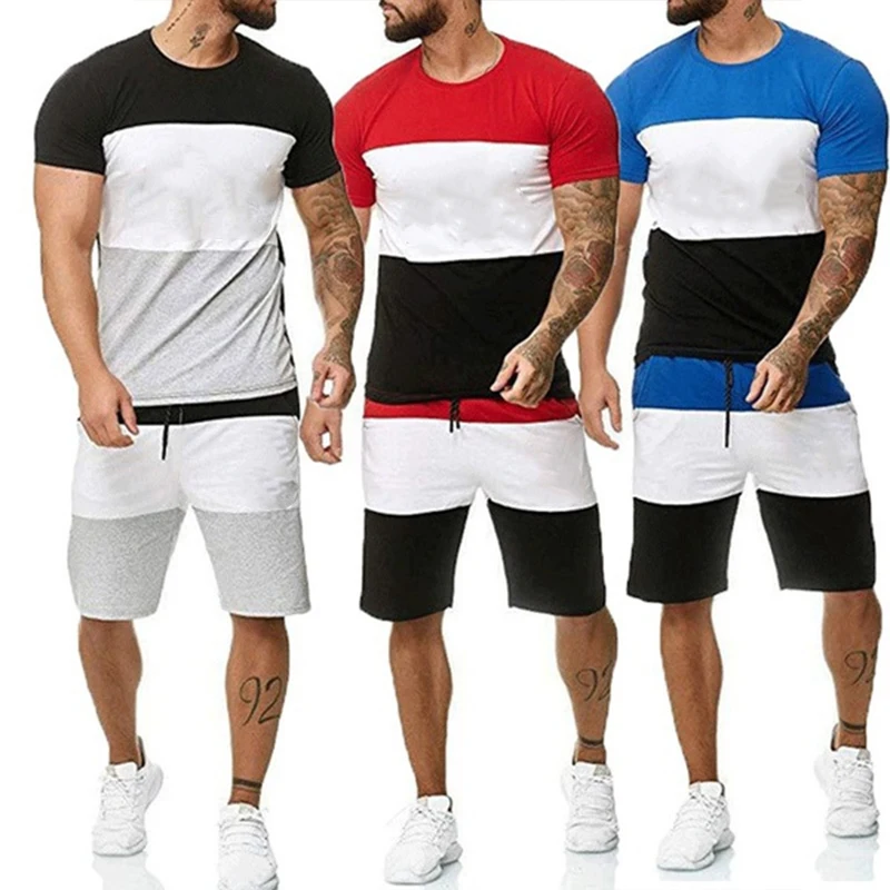 New Fashion Men's Bodybuilding Striped 2 Piece Set Tracksuits Summer Casual Cool Cotton Short Sleeve T-shirt Shorts Sport Short