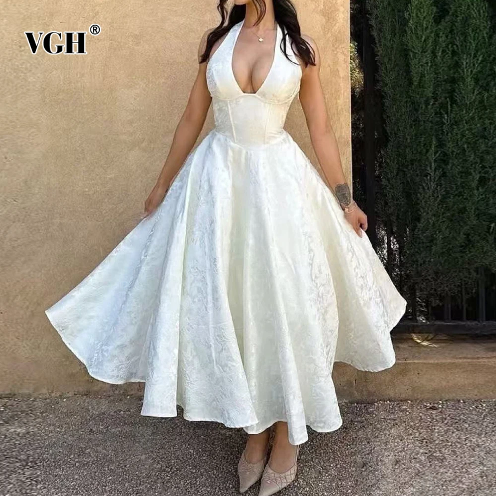 

VGH Sexy Evening Prom Slimming Dresses for Women Halter Sleeveless Patchwork Jacquard Vocation Midi Dress Female Summer Clothing