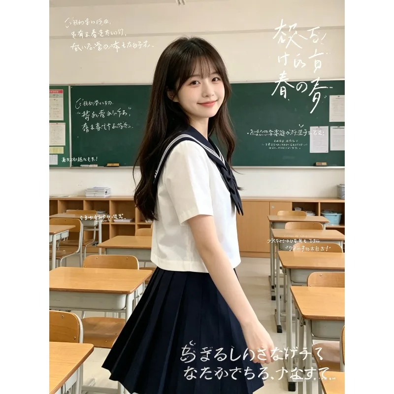 jk-sailor-suit-white-three-lines-short-sleeve-preppy-college-uniform-set-original-basic-class-wear-with-free-bow-tie-white-socks