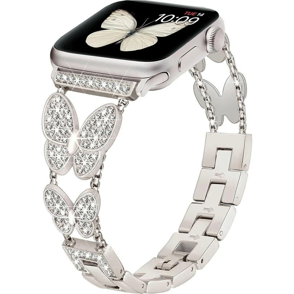 Diamond-studded butterfly design strap applies to Apple Watch S9 ultra 2 iwatch band for women