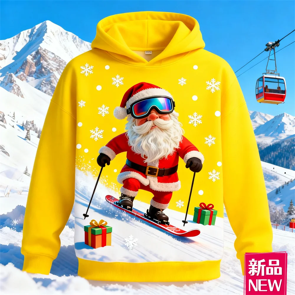 

Santa Claus Skiing Print Men's Long Sleeve Sweatshirts 3D Christmas Snowman Pattern Pullover Tops X'mas New Year Funny Hoodies