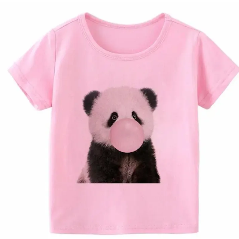 Camiseta infantil de manga curta, camiseta panda rosa, blusa casual infantil, meninas e meninos, camiseta de bebê, nova, verão