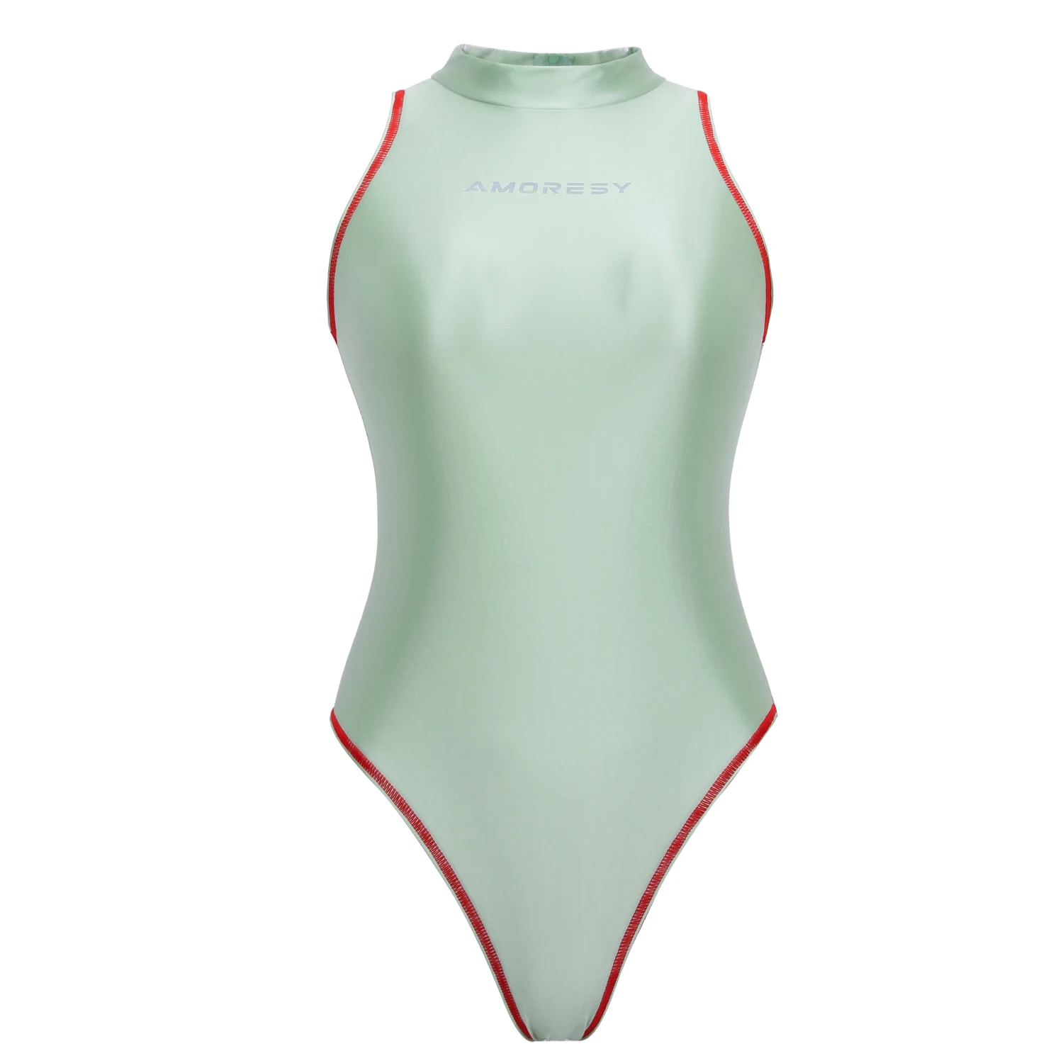 AMORESY-Sleeveless Tight Spandex Swimsuit, Shiny Stand Collar Bathing Beachwear, Sexy Swimwear, Wake Surf, Oil