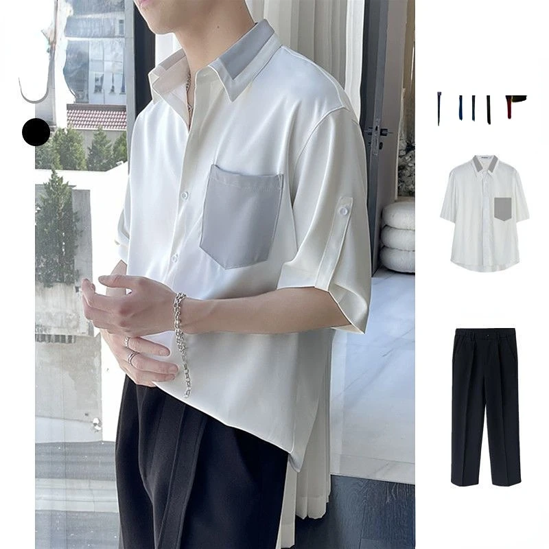 

2023 Summer Mens Short Sleeve Shirt Set Hawaiian Style Casual Shirt and Trousers Two Piece Set Male Suit Loose Big Size T161