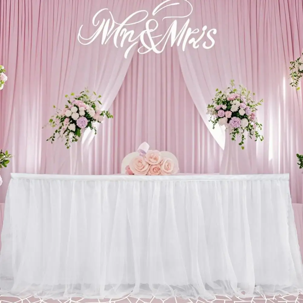 Tulle Table Skirt For Rectangular Tables White Pleated Table Cloth 6Ft/9Ft Wrinkle Free Tablecloth With Tutus Skirt