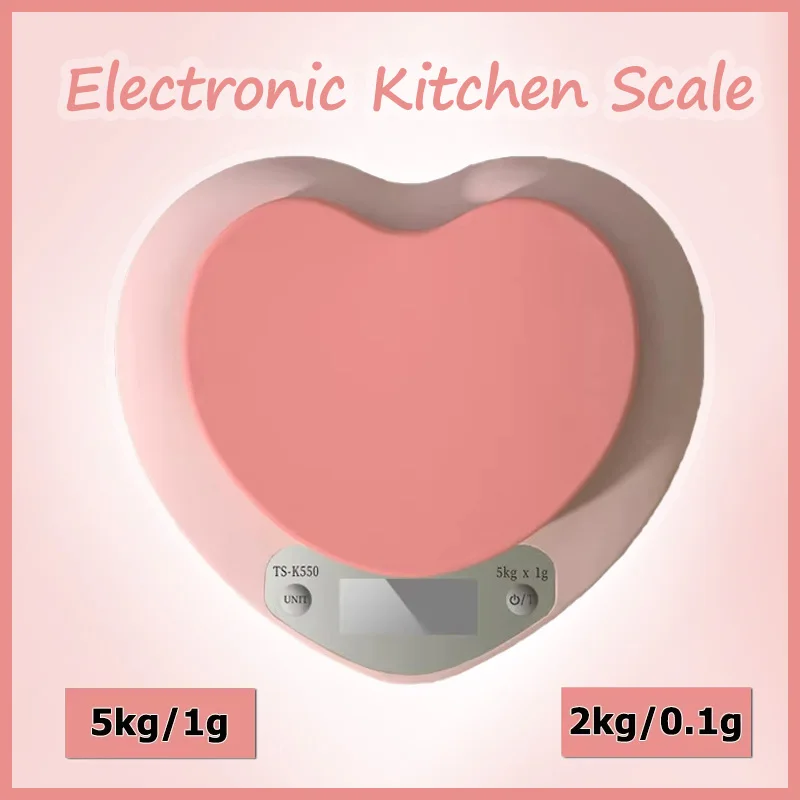 Electronic Kitchen Scale Pink Heart-Shaped Baking Weight Gram Scale 5kg/1g 2kg/0.1g LED Display Digital Household Food Scale