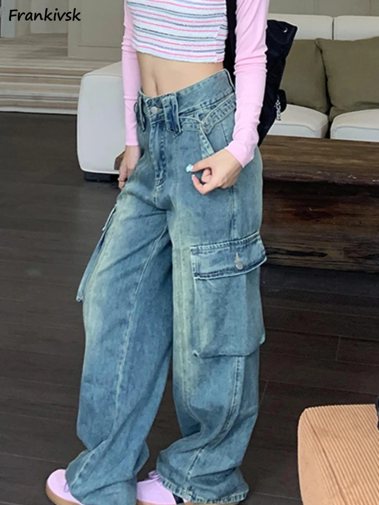 

Cargo Jeans Women All-match High Street Stylish Baggy Y2K Trousers Japanese Style Stretchy Full Length Youthful Commute Spring