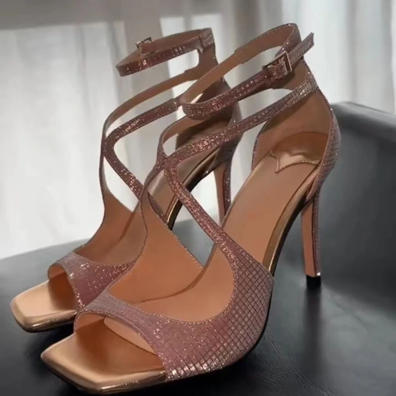 

One line sexy open toe sandals for women in summer 2025, cross strap sequin square toe slim heel fashion versatile women's shoes