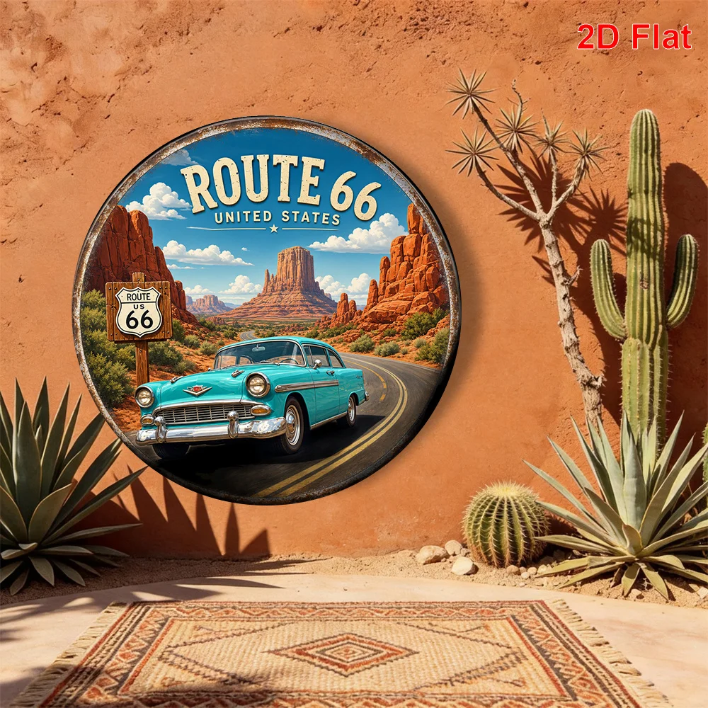 2D Flat 1pc Route 66 American Highway Pattern Metal Skin Sign Round Decorative Painting, Size (7.87 Inches X 7.87 Inches / 20 Cm