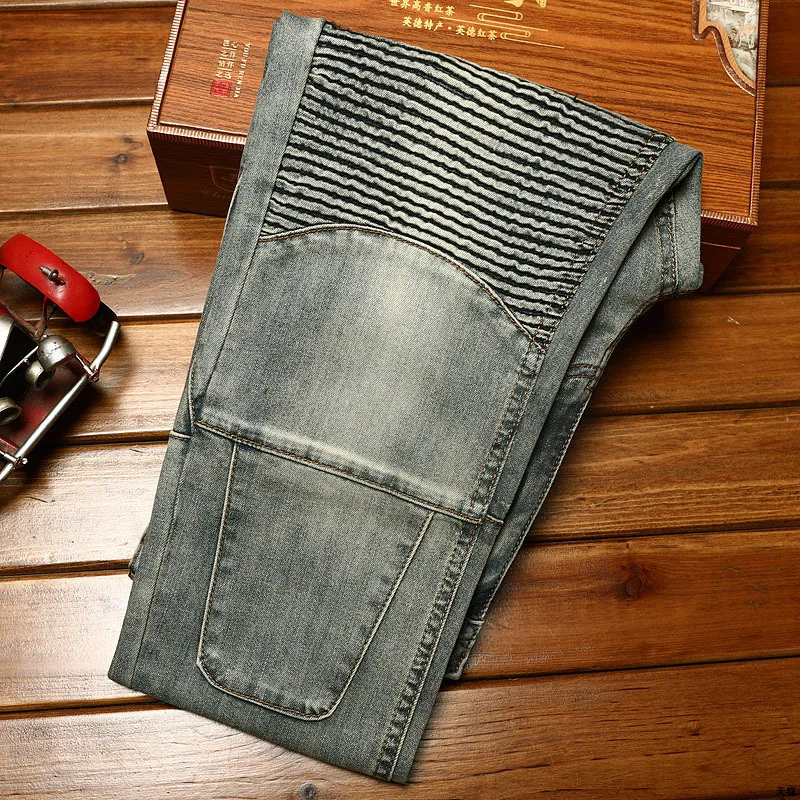 Washed-out vintage motorcycle jeans men's stretch skinny fashion street fashion slim fit skinny casual long pants