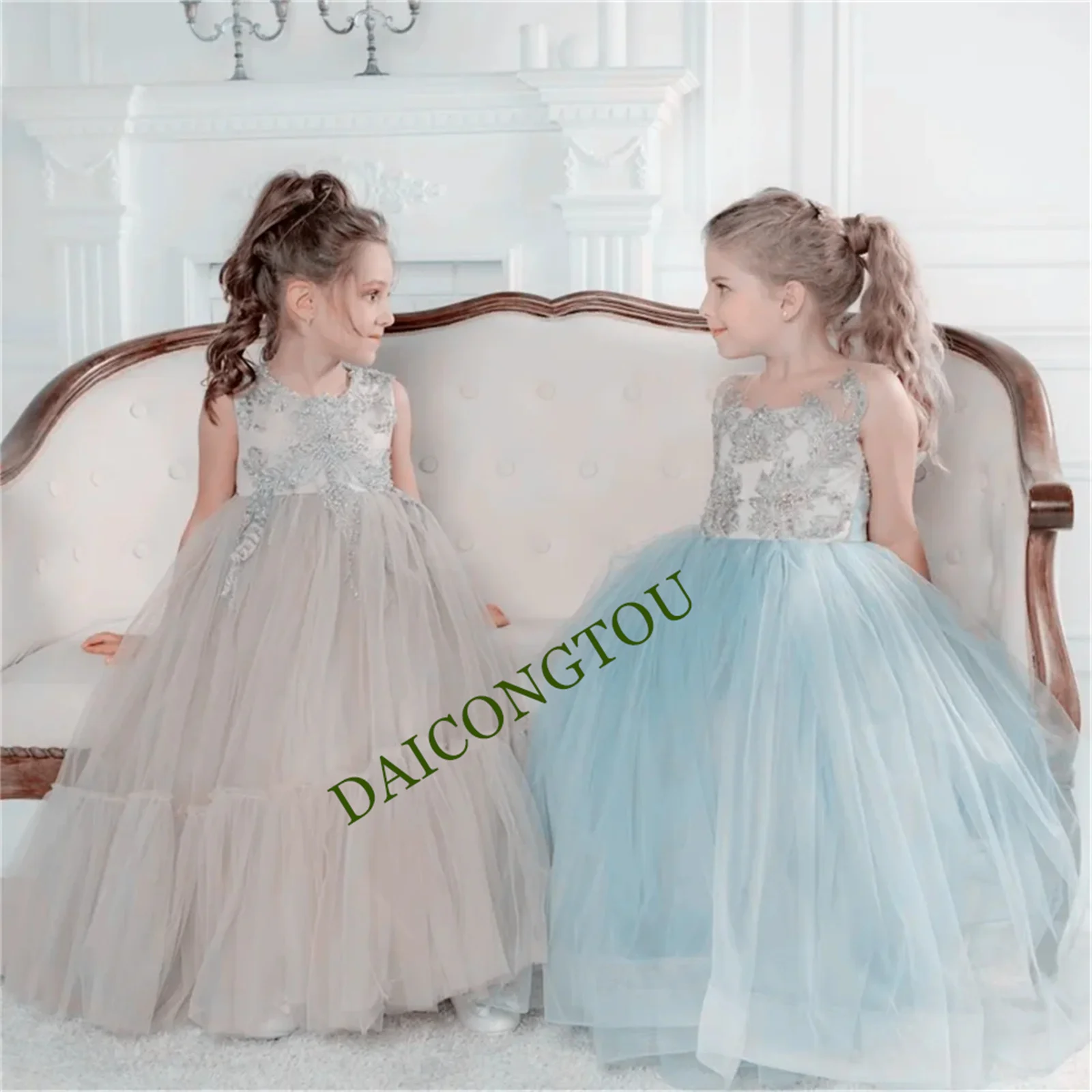Robes de première Communion personnalisées, robes à fleurs d'ange gris pour filles, en Tulle, avec des Appliques bouffantes, sans manches, pour mariage, fête d'anniversaire pour enfants
