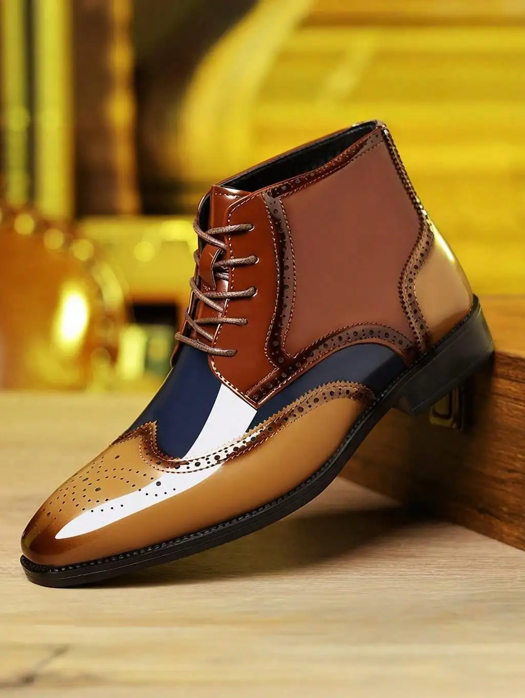 Men's Patent Leather Classic Vintage Brogue Ankle Dress Boots Wingtip Lace Up Pointed Toe For Business Wedding Office Party Formal Daily Occasions