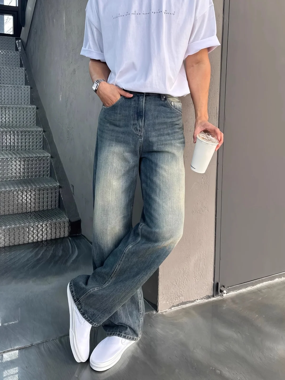 

Trendy Straight Leg Men's Jeans Loose Wide Leg Vintage Waed Casual Pants Spring Season Long Trousers Versatile Youth Sle