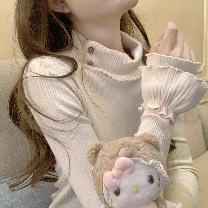 

Японская абрикосовая серая рубашка с высоким воротником для женщин осенью и зимой, новый универсальный утягивающий кружевной топ с внутренней стороны