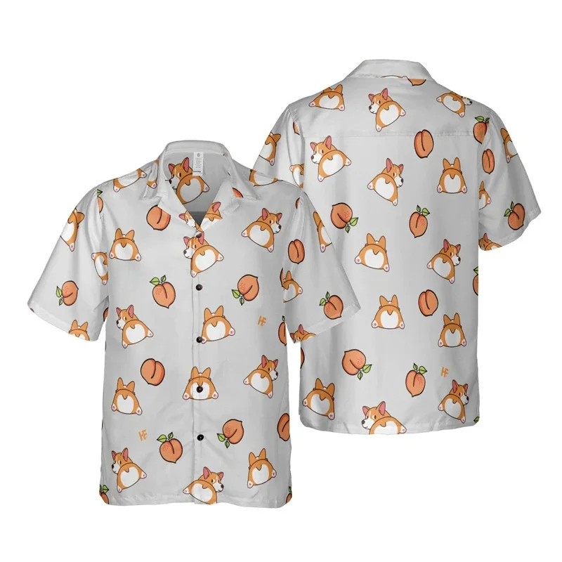 Cute Corgi Pattern Beach Shirt Men Animal Pet Dog 3D Printed Aloha Shirts Short Sleeve Women Blouse Hawaiian Shirts Lapel Tops