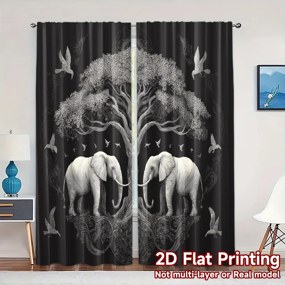 2pcs, 2D FLAT PRINTING Curtains (Without Rod) Elephant Harmony(1) Chic Light Filtering Curtains Durable 100% Polyester Fabric