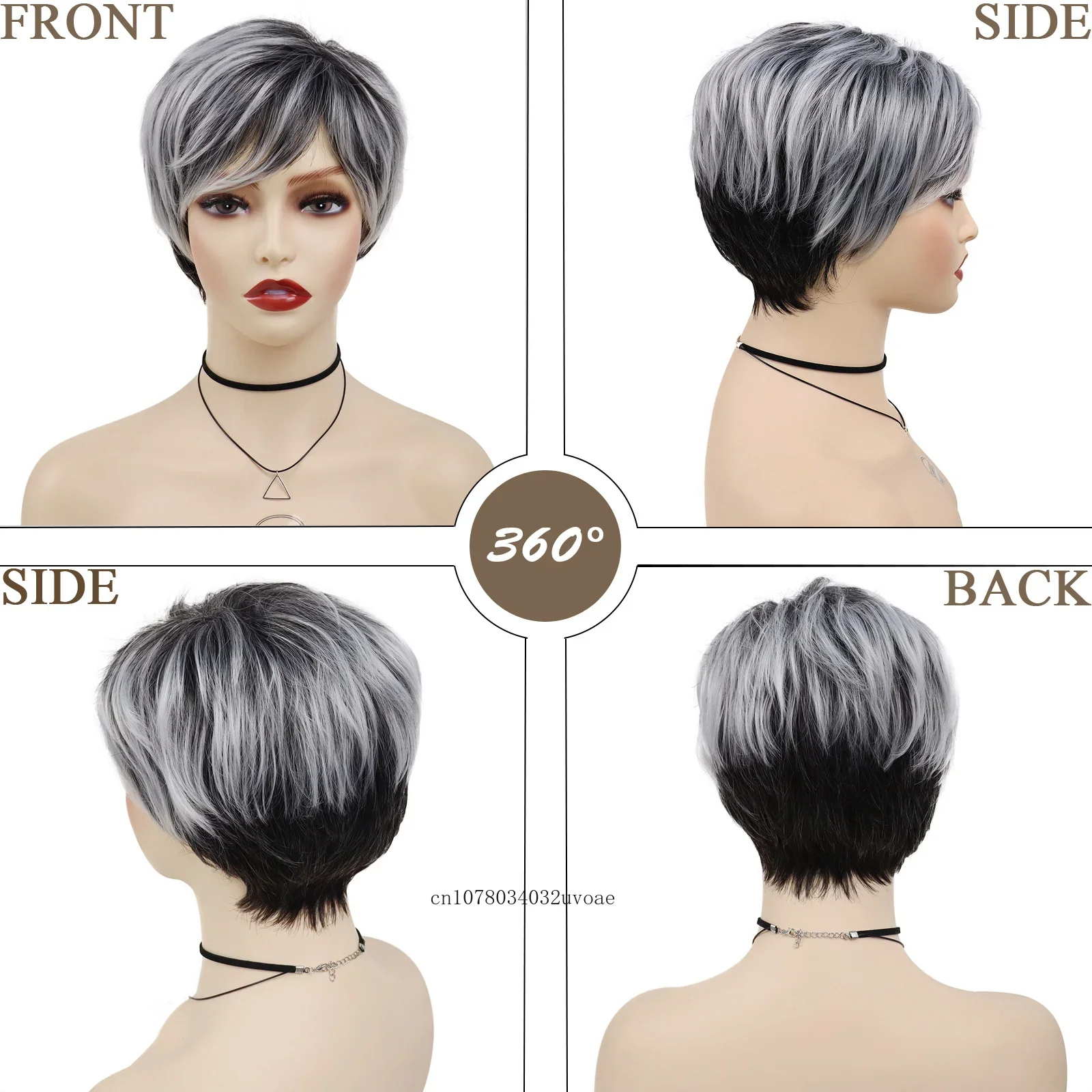 Synthetic Mix Grey Wig Silver Fox Short Pixie Cut Wigs for Women Dark Root Ombre Color Natural Straight Hair Mommy Wig with Bang