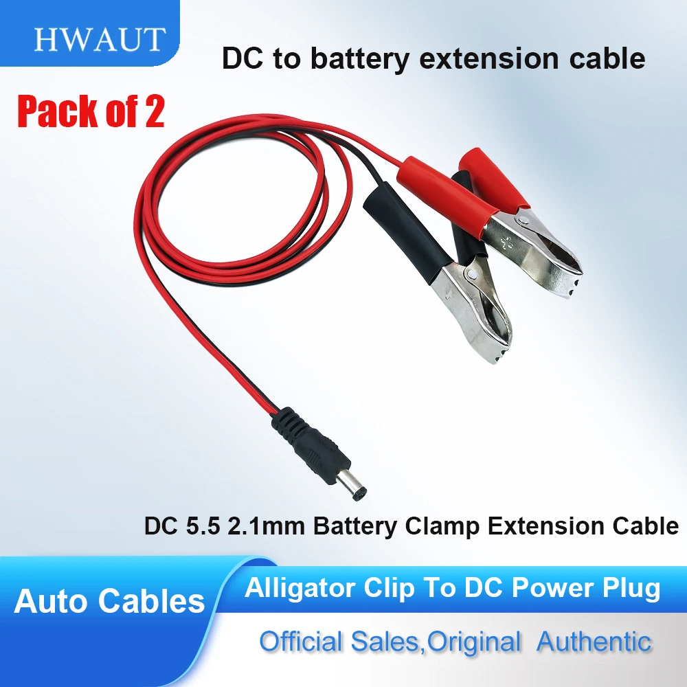 Pack of 2 DC 5.5 2.1mm Battery Clamp Extension Cable Car Charger Alligator Clips DC Male Connector to Battery Charger Cable Cord