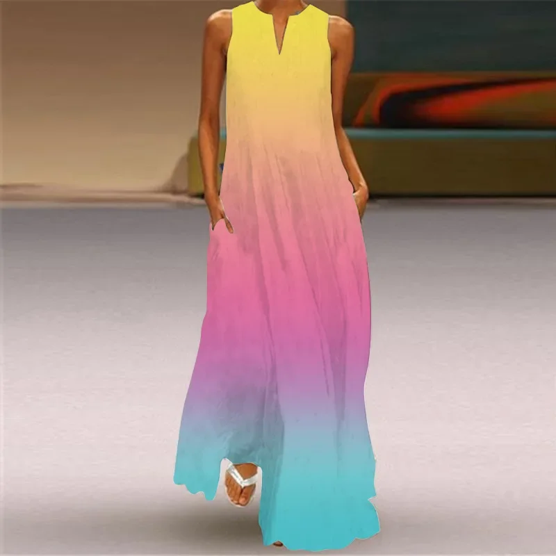 Summer Fashion Sexy Color Gradient Print Hollow Out V-neck Sleeveless Long Dress Loose Casual Party Evening Long Dress Women