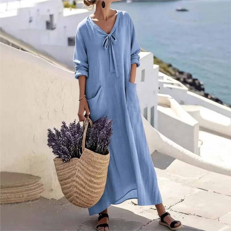 

Simple Style Solid Women's Loose Straight Tube Dress Spring Casual Lace Up Design Long Sleeved Dresses Ladies V-neck Vestidos