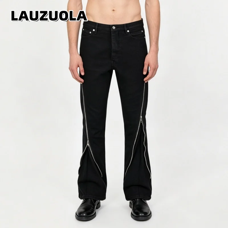 Men's Black Flare Jeans Zipper Design Gothic Denim Pants Men Vintage Straight Leg Trousers Male Streetwear Punk Rock Jeans